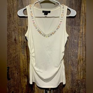WHBM White V-Neck Gemstone Top With Side Ruching. XS